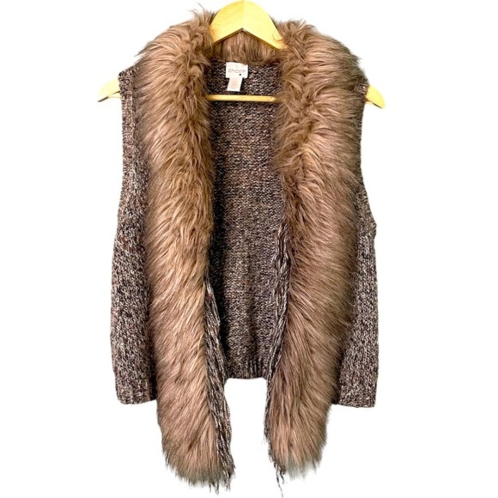 Chicos Brown Faux Fur Collar Sweater Vest‎ with Fringe, Sleeveless Size Small